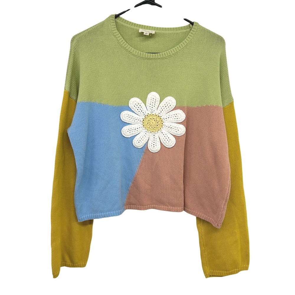 Cottagecore Daisy Crochet Patch Colorblock Sweater M Multi Indie Retro Boho Knit